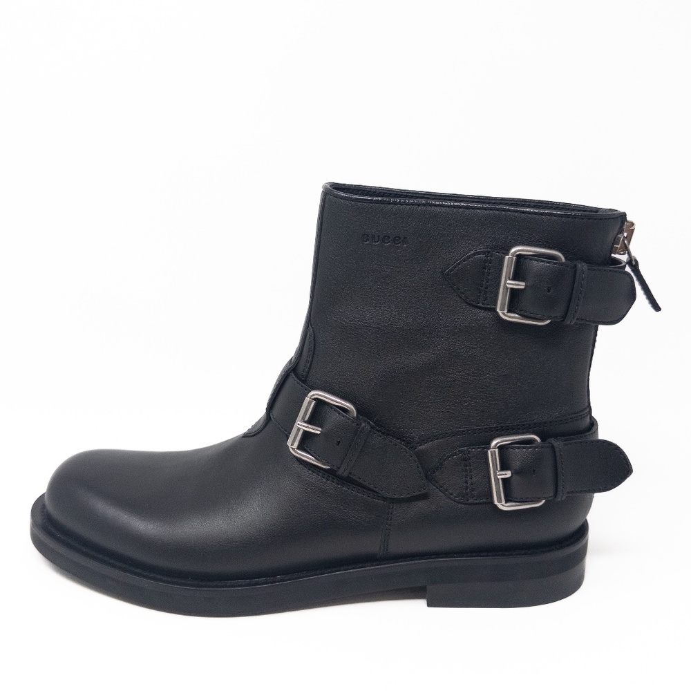 Gucci Moto Combat Boots Buckles Zipper Black Ankle Womens Size 40 EU 10 US